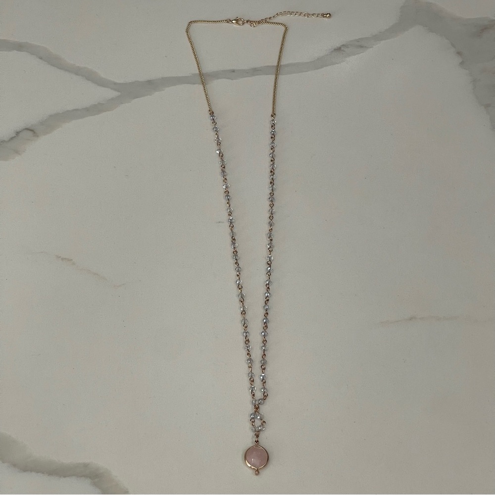 New Gold Tone Long Necklace featuring a Pink stone and Beads